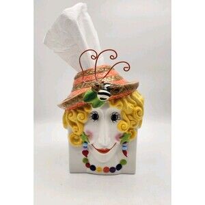 Vintage Lady Straw Hat with Bumble Bee,Earrings,White Ceramic Tissue Box Square